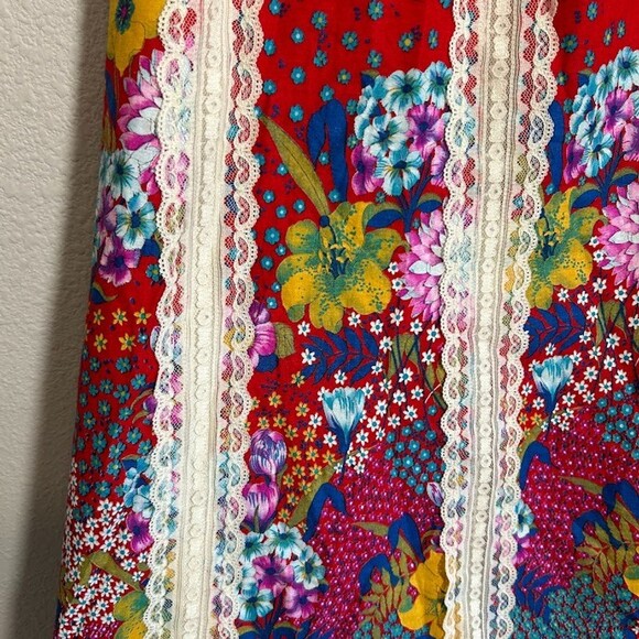 VTG 70s Tumbleweeds Maxi Skirt M/L Lace Red Floral Bohemian Cottagecore - Picture 5 of 9